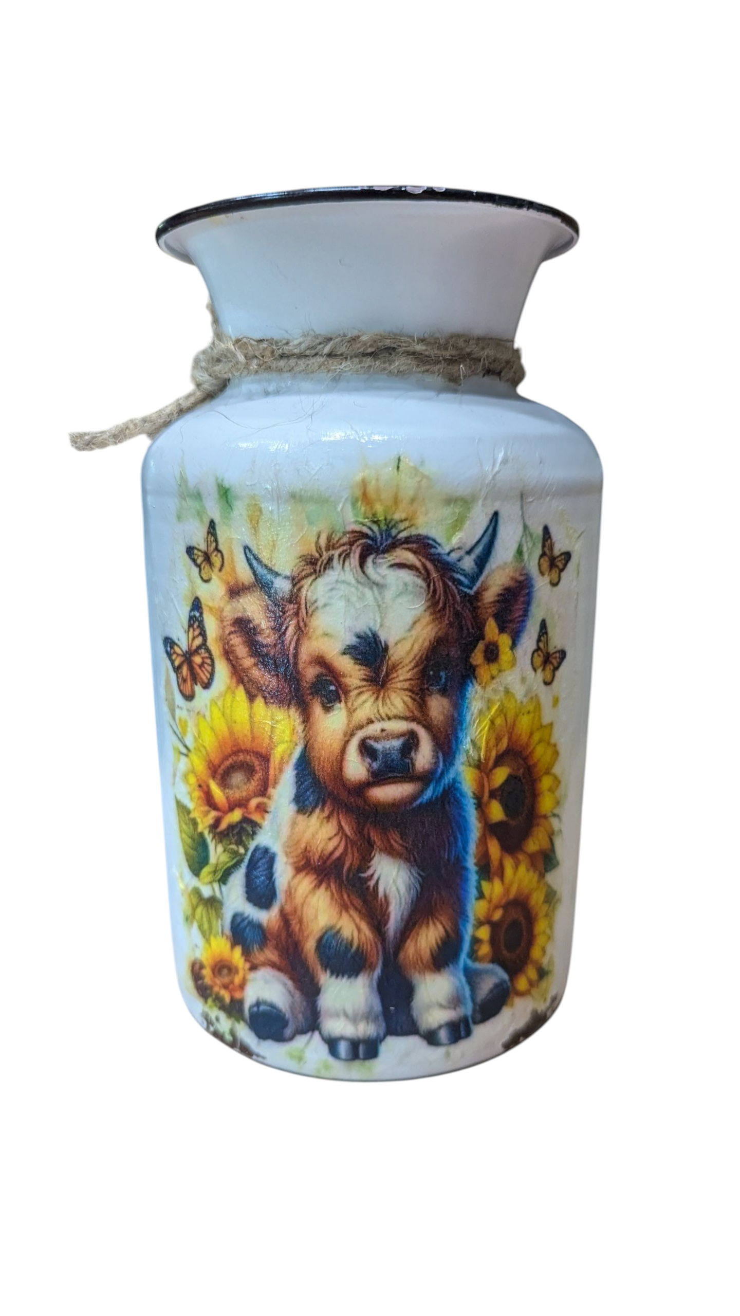 Spotted Highland Cow Calf with Sunflowers Milk Jug Vase