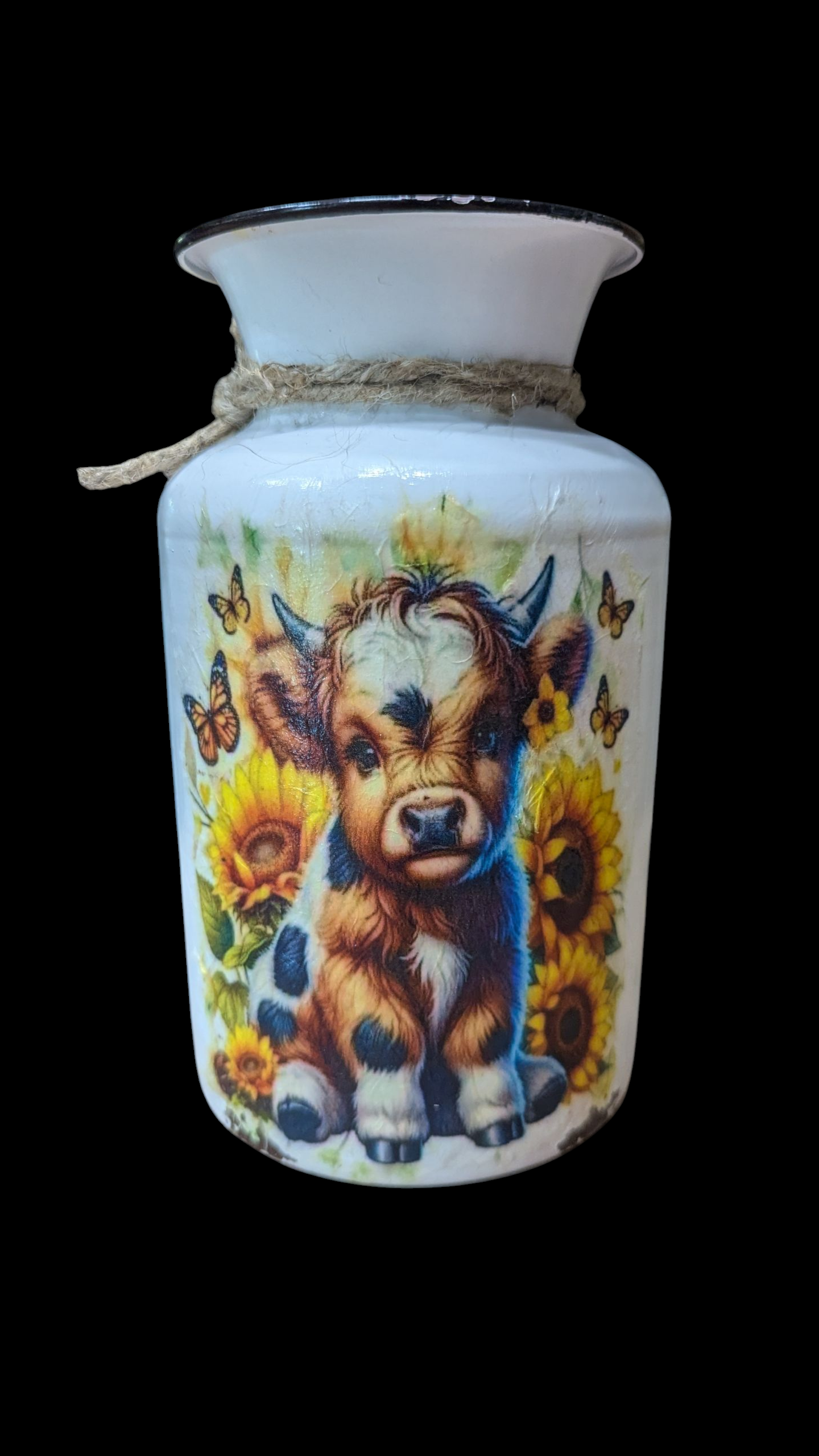 Spotted Highland Cow Calf with Sunflowers Milk Jug Vase