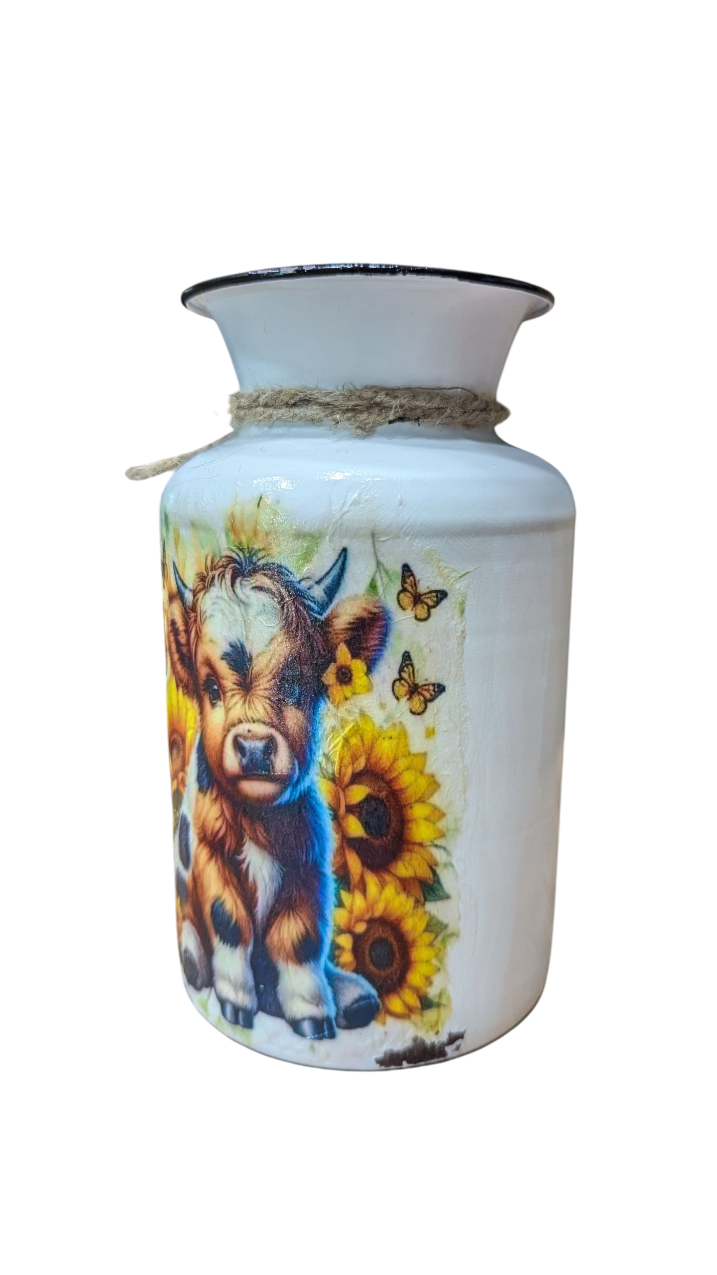 Spotted Highland Cow Calf with Sunflowers Milk Jug Vase