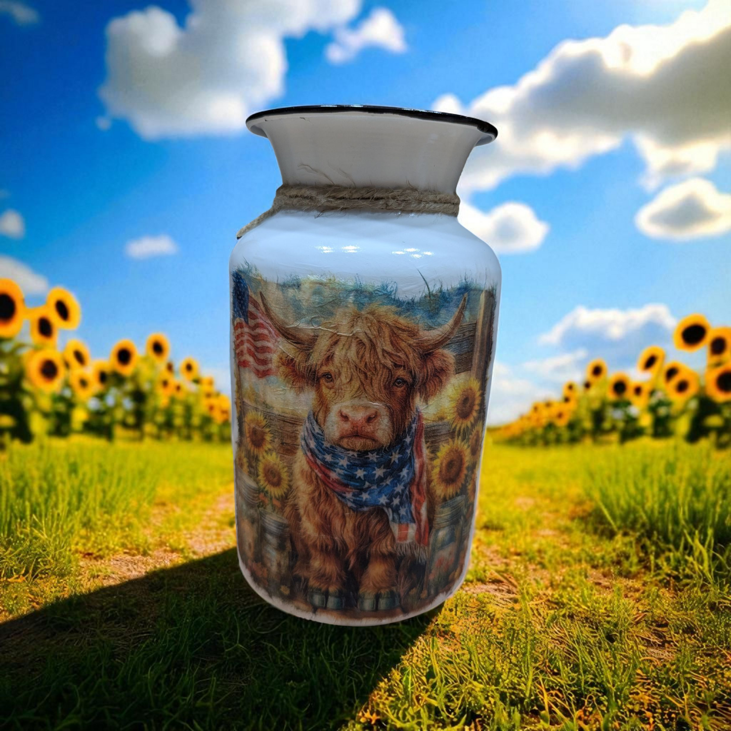 Patriotic Highland Cow Milk Jug Vase