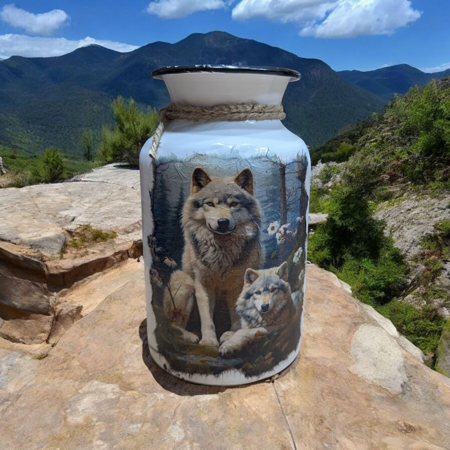Wolf Mom and Pups Milk Jug Vase