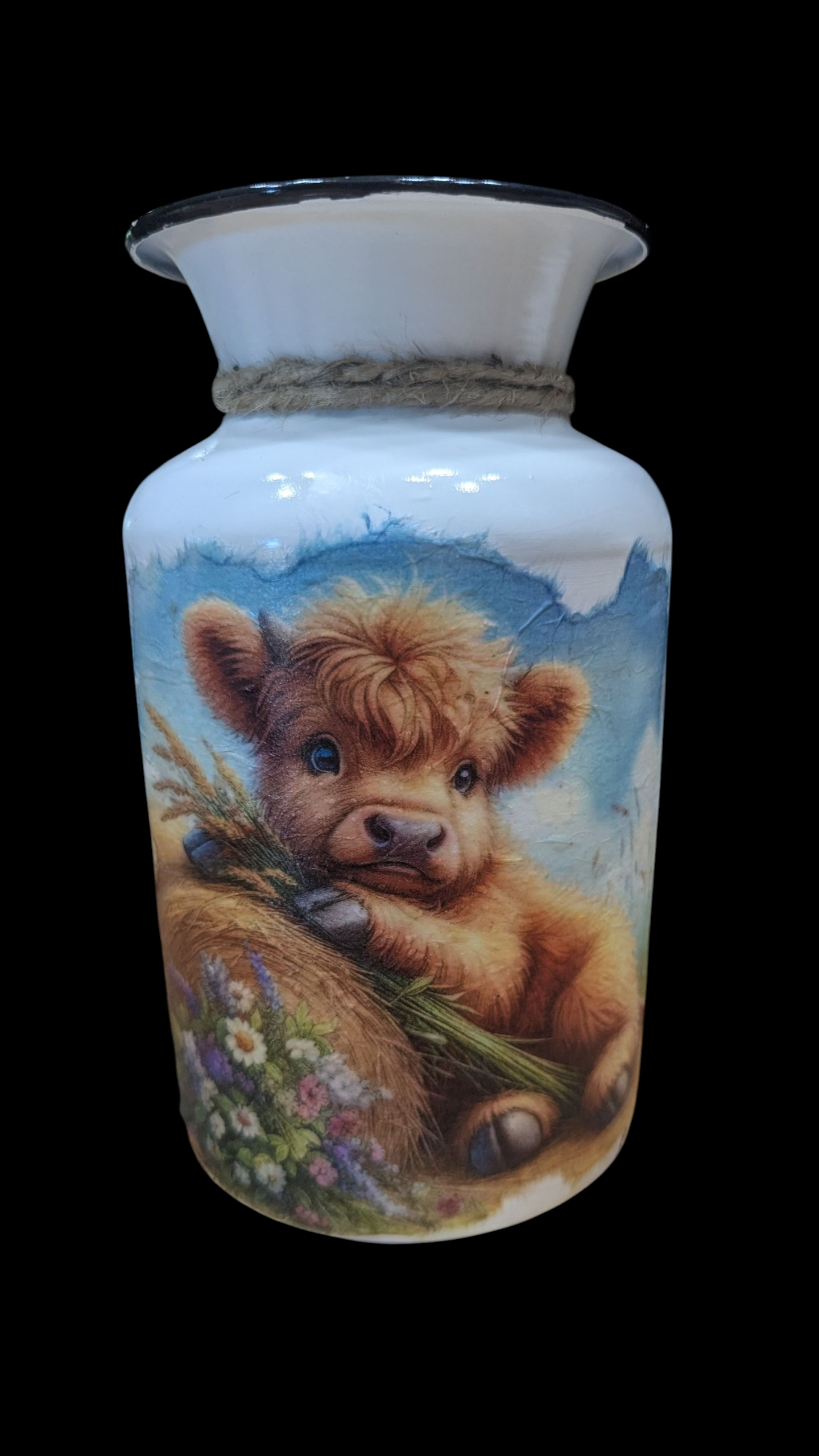 Cute Highland Cow Baby on a Hay Bale Milk Jug Vase