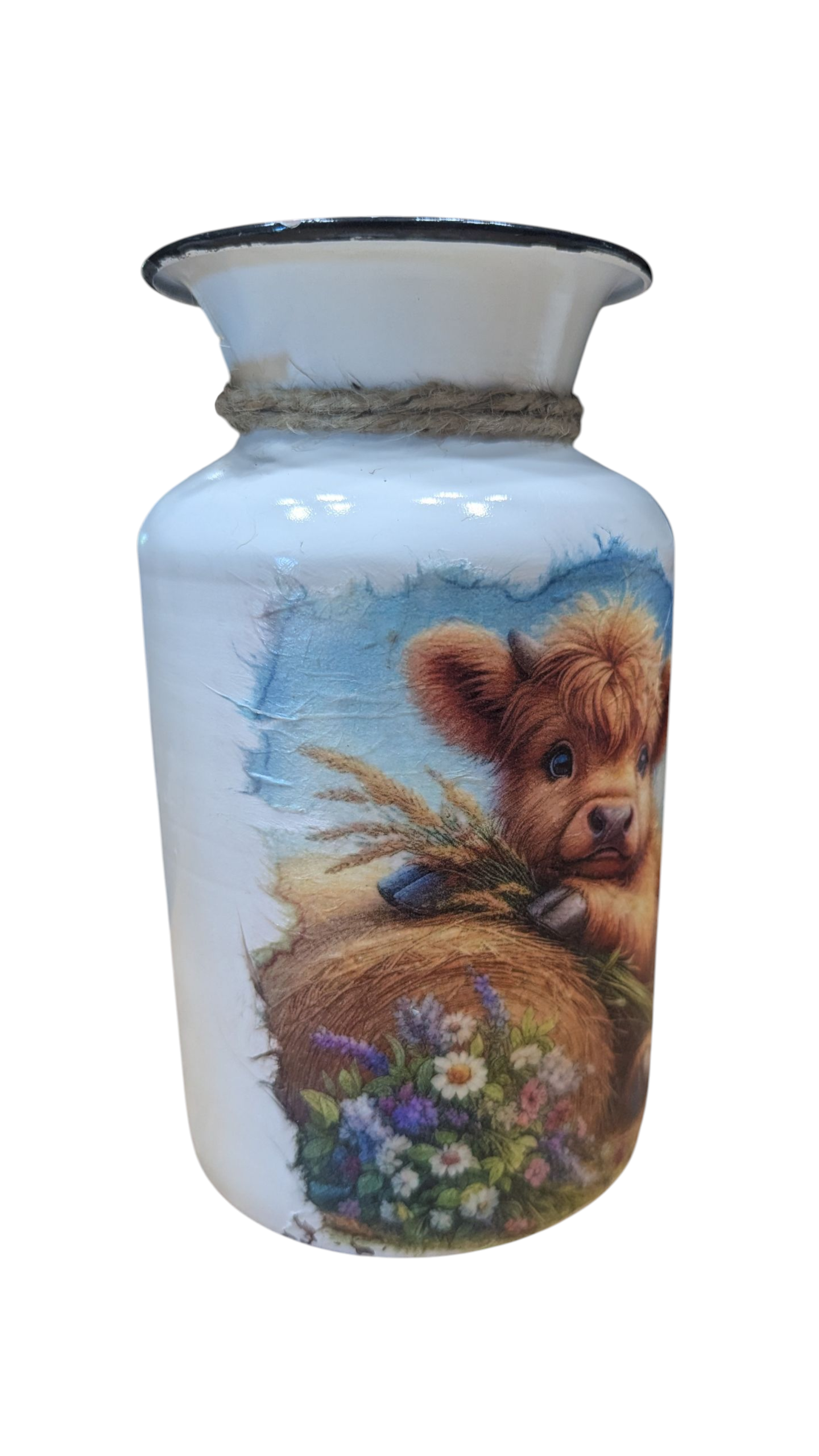 Cute Highland Cow Baby on a Hay Bale Milk Jug Vase