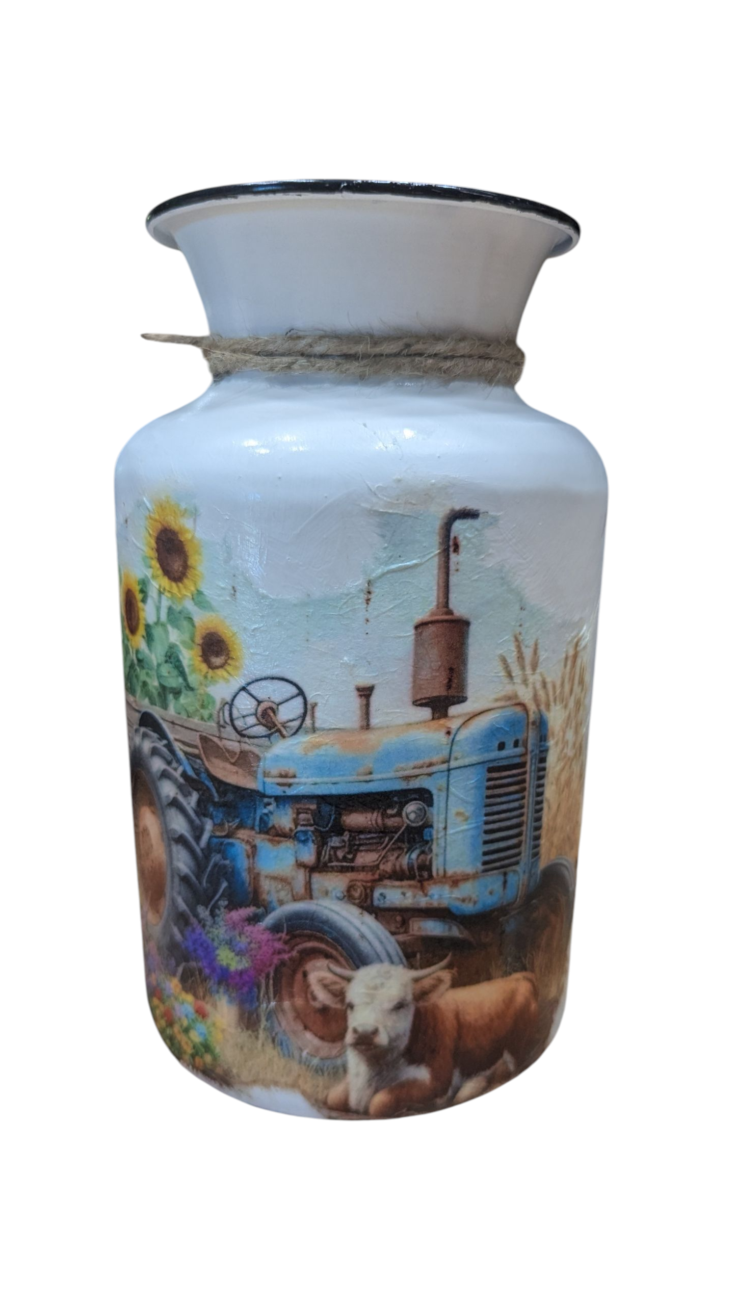 Sunflower Tractor Milk Jug Vase with a Cute Cow