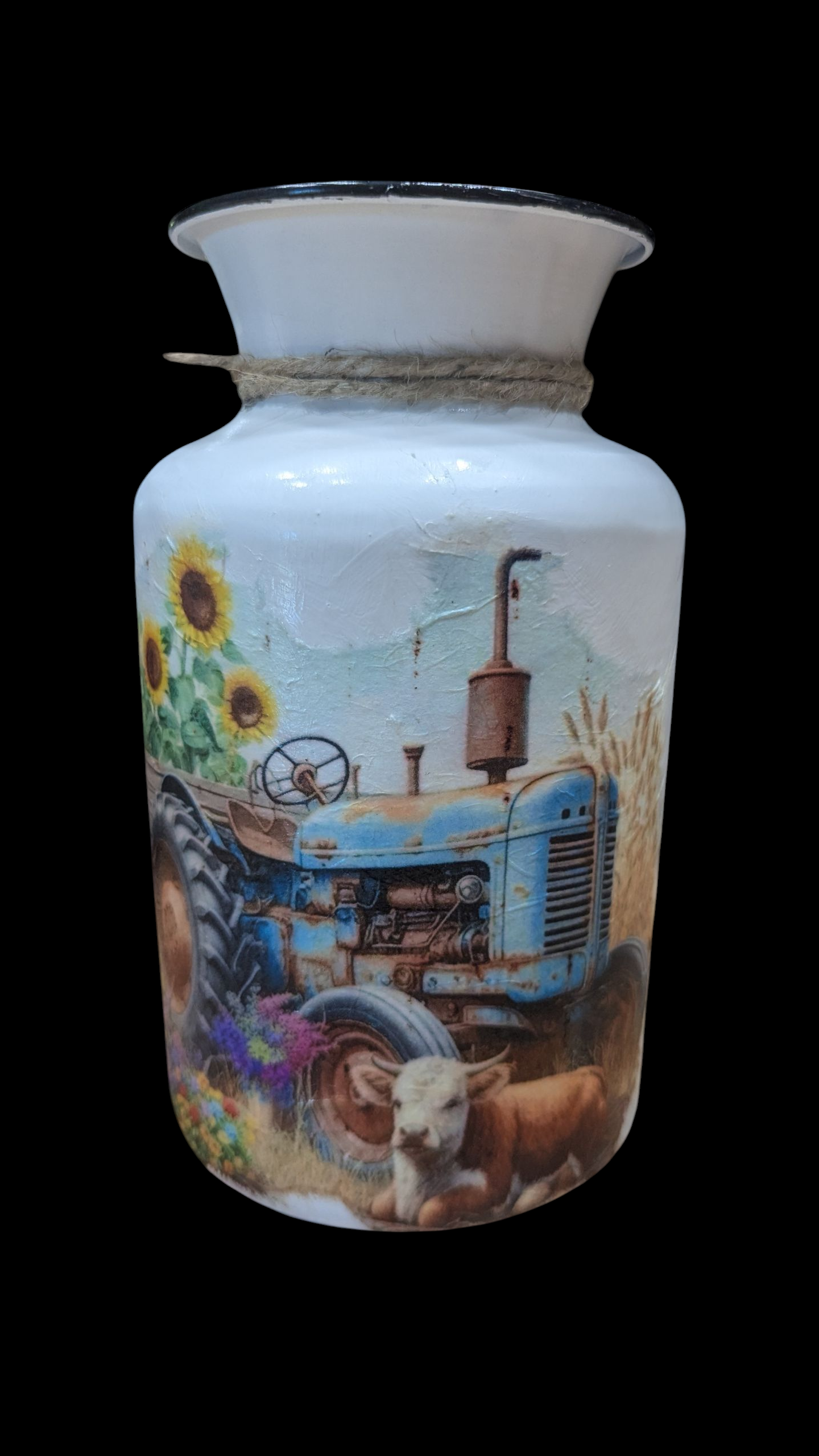 Sunflower Tractor Milk Jug Vase with a Cute Cow