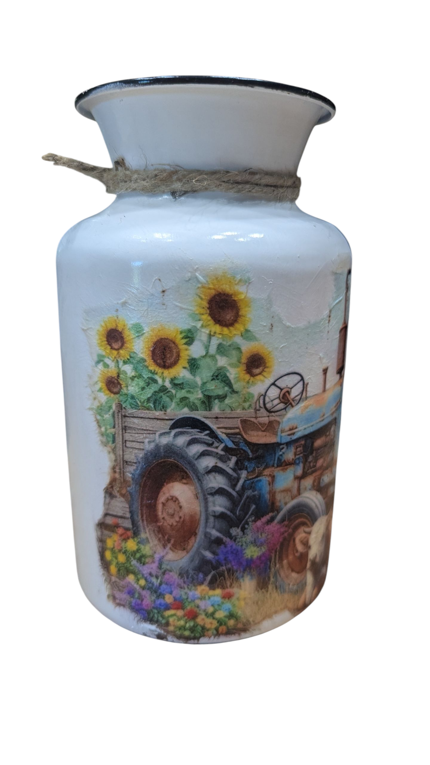 Sunflower Tractor Milk Jug Vase with a Cute Cow