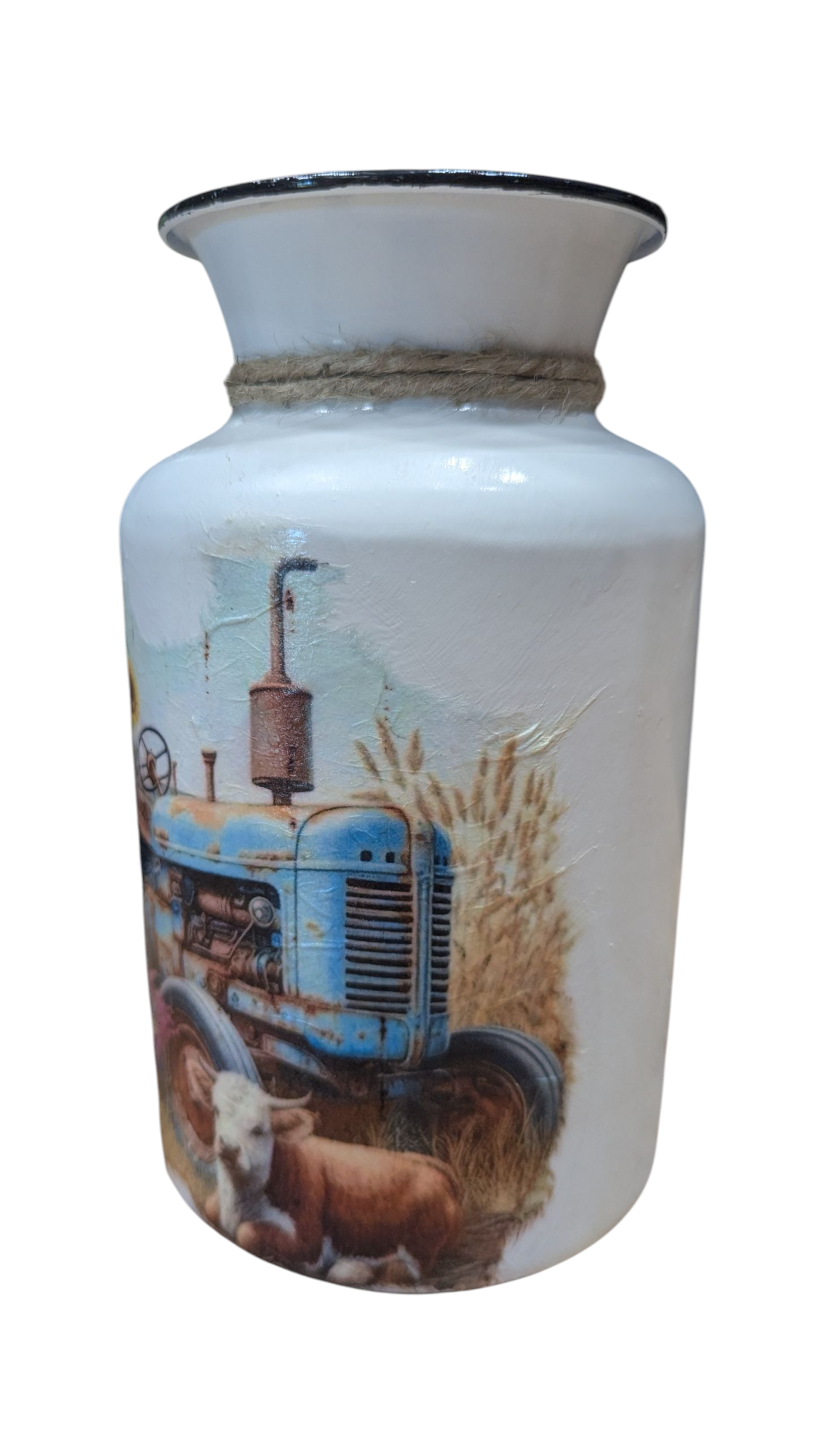 Sunflower Tractor Milk Jug Vase with a Cute Cow
