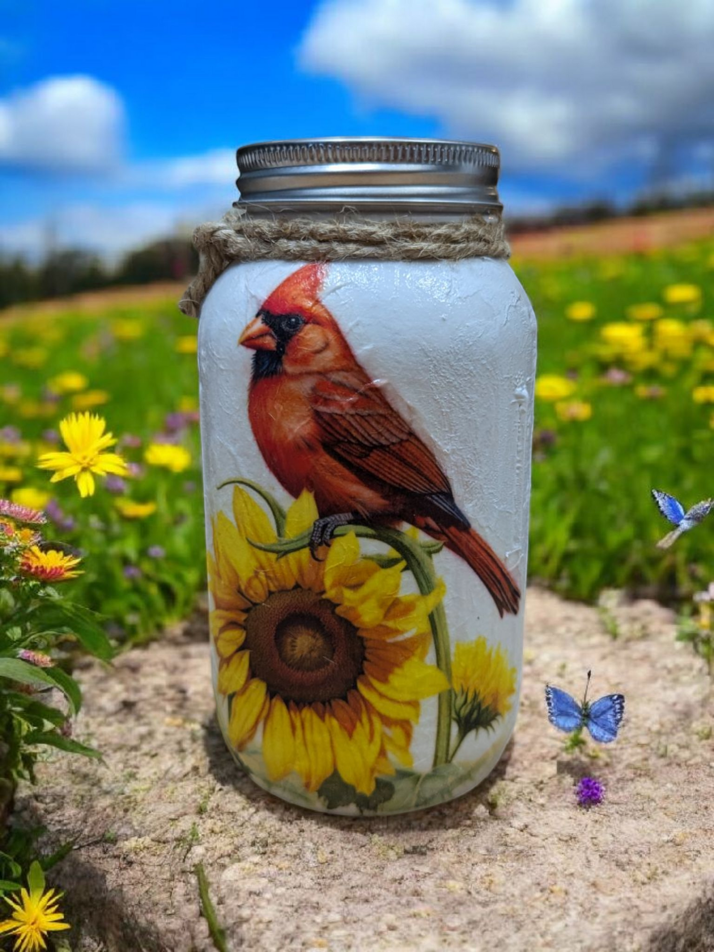 Cardinal with a Sunflower Mason Jar