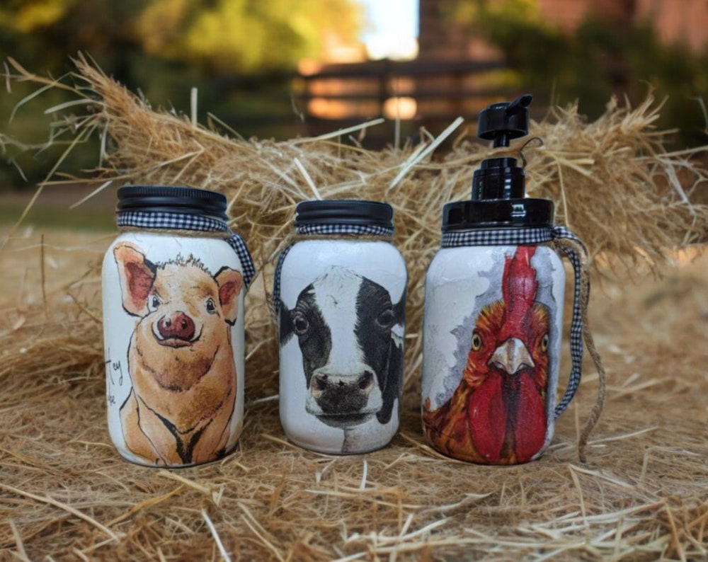 Farm Animals Bathroom Kitchen Mason Jar Set