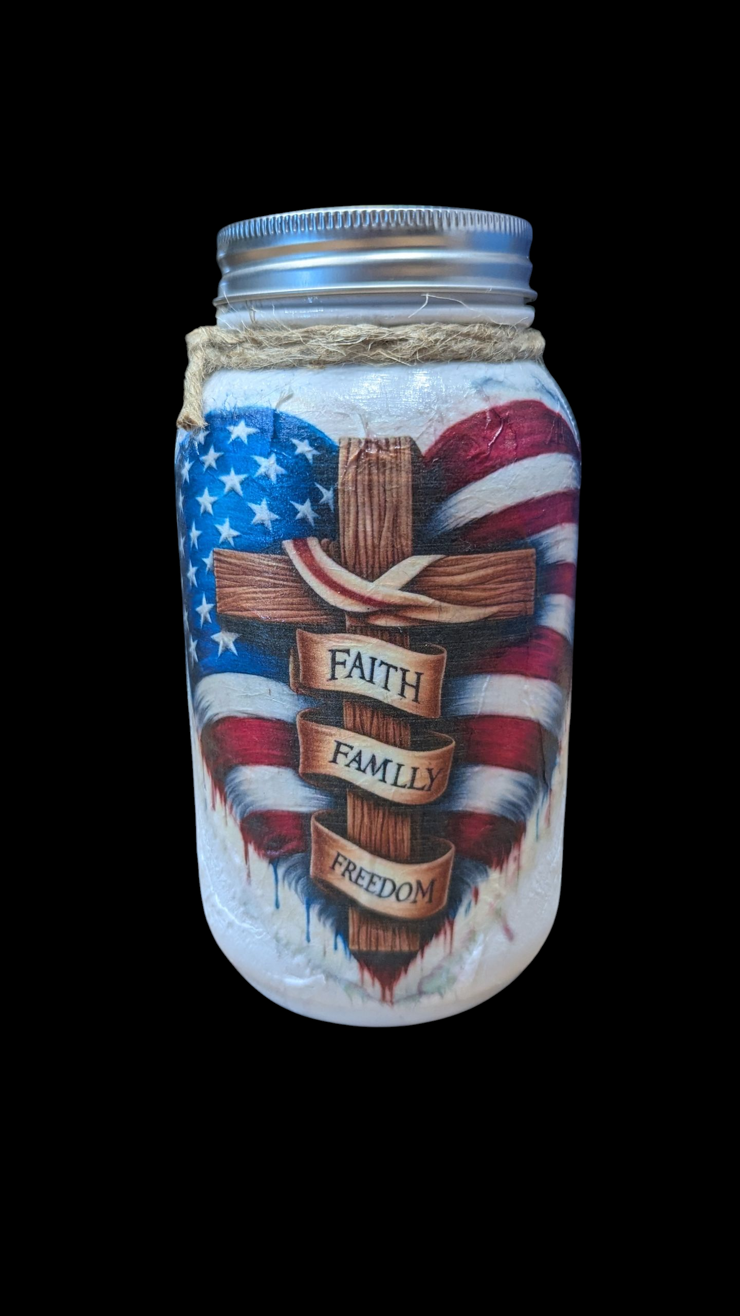 Patriotic Heart Faith Family Freedom Mason Jar and Lid Choice