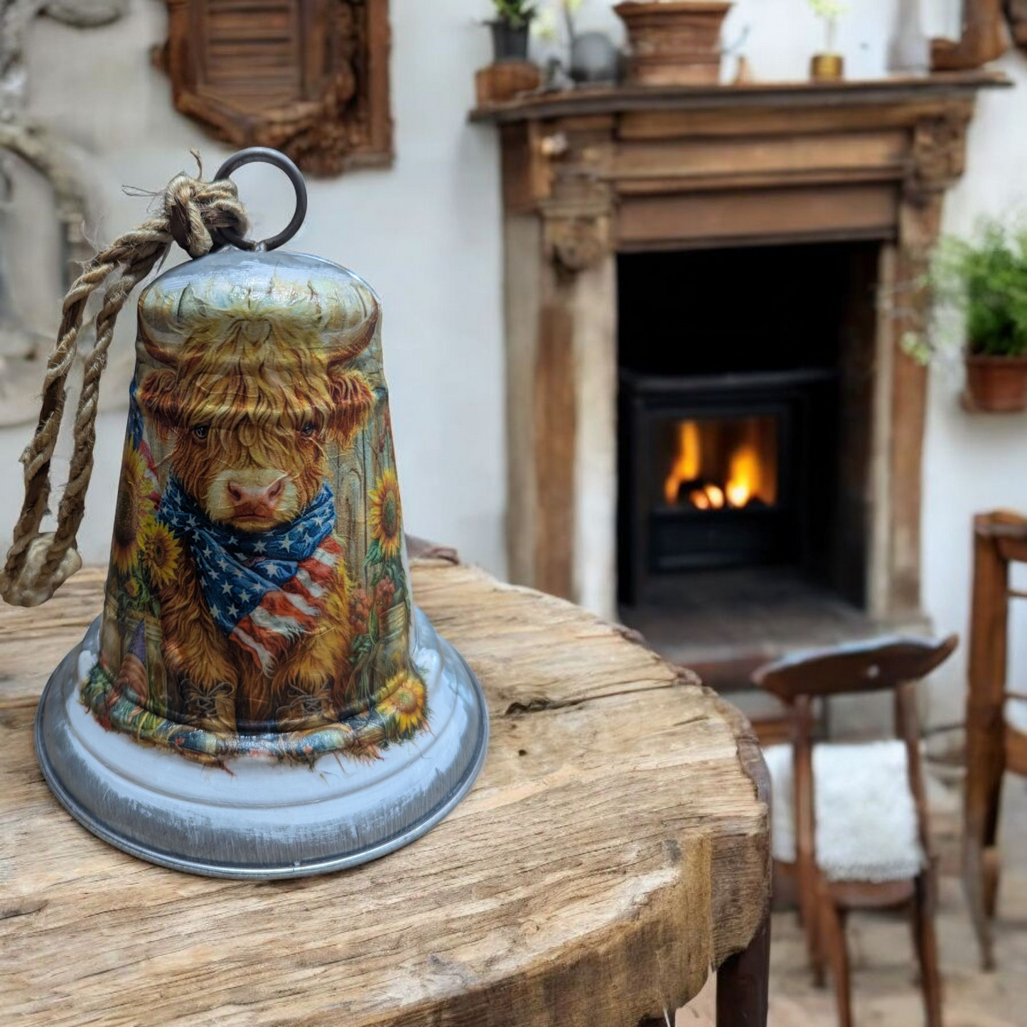 Patriotic Highland Cow Decorative Galvanized Metal Bell