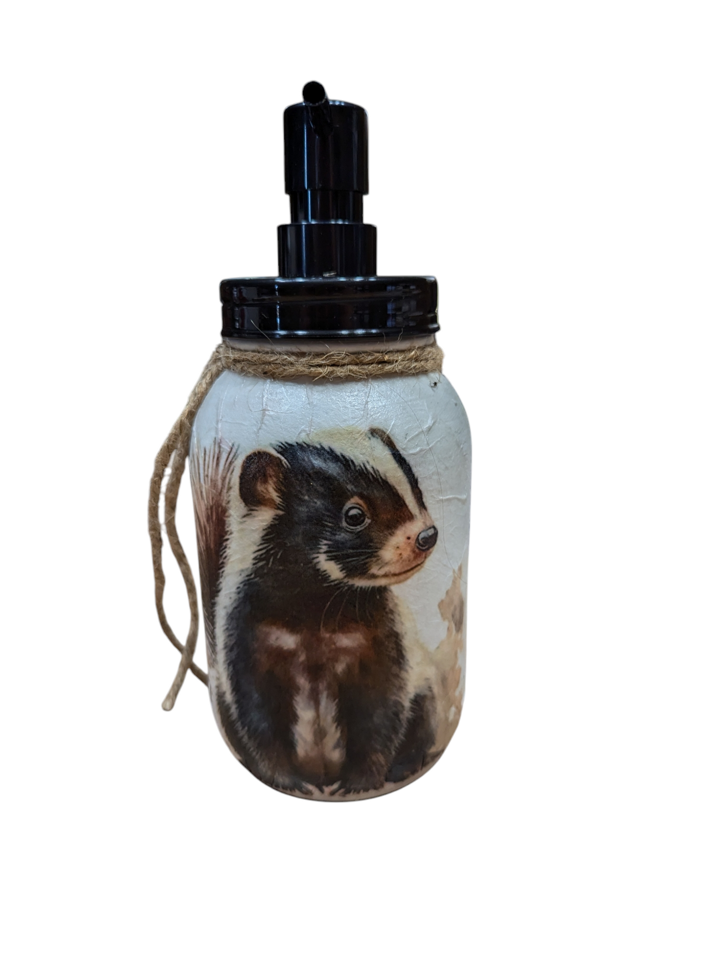 Adorable Skunk Mason Jar with Lid Choice (soap pump, tissue dispenser, coin bank, vase, light)