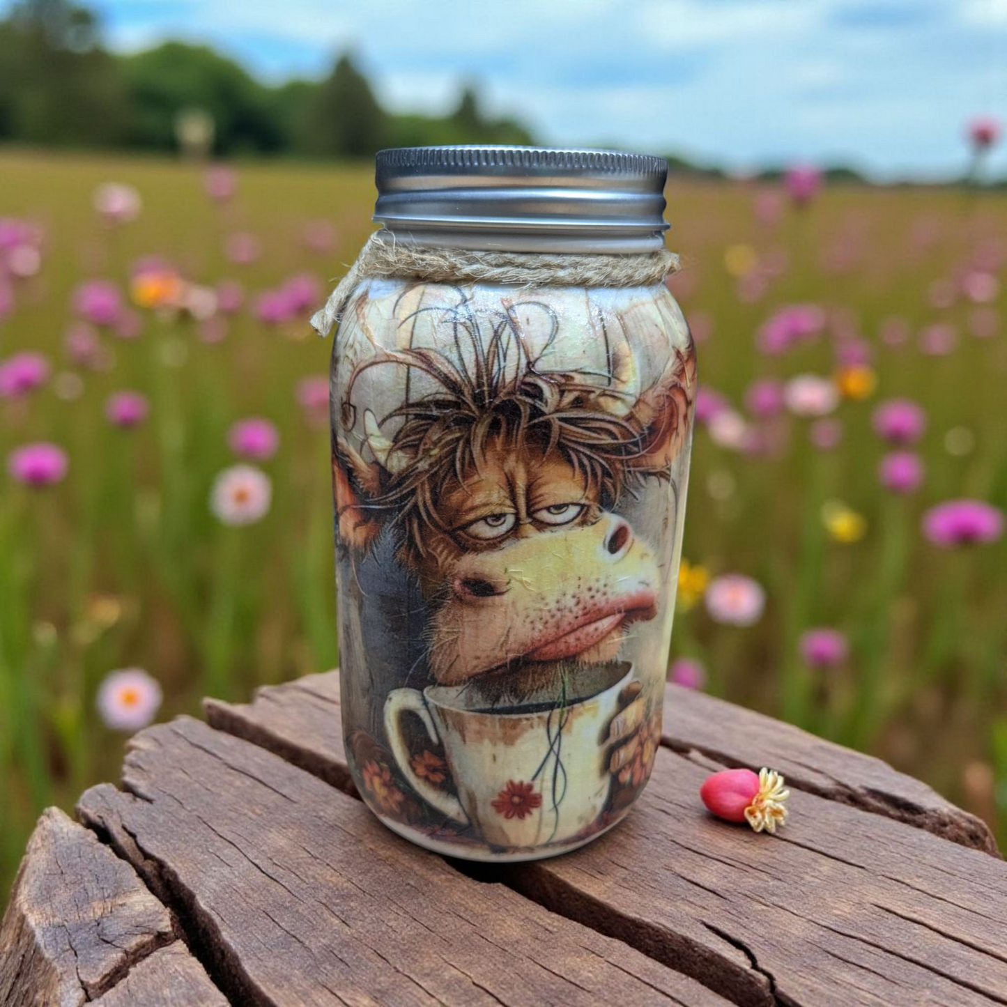 Morning Coffee Cow Mason Jar: syrup pump, tissue dispenser, tip jar, stir stick/straw holder, or canister
