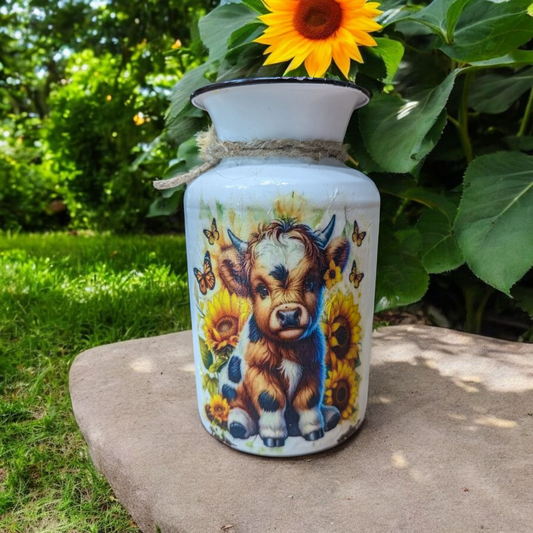 Spotted Highland Cow Calf with Sunflowers Milk Jug Vase