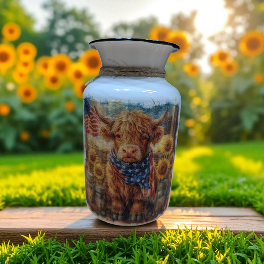Patriotic Highland Cow Milk Jug Vase