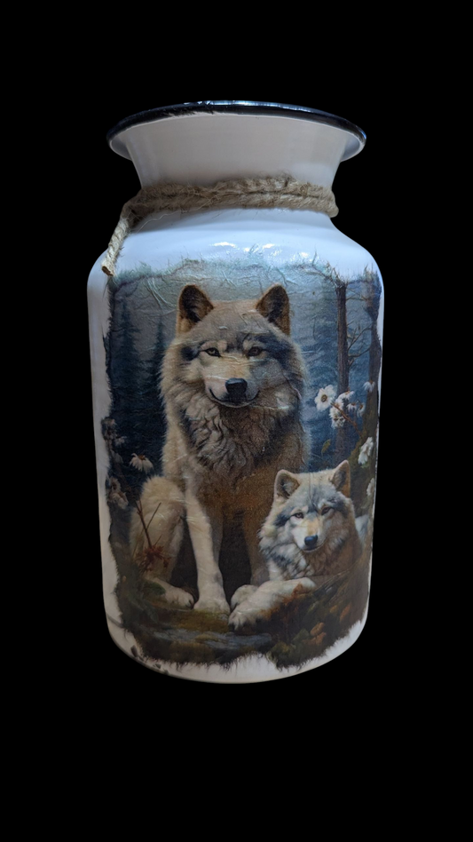 Wolf Mom and Pups Milk Jug Vase