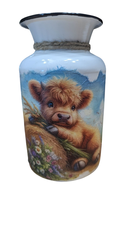 Cute Highland Cow Baby on a Hay Bale Milk Jug Vase