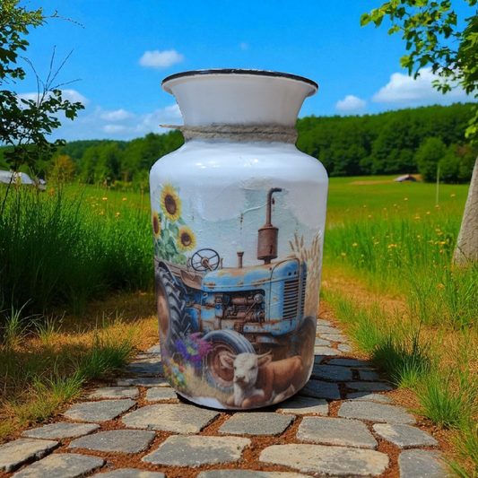 Sunflower Tractor Milk Jug Vase with a Cute Cow