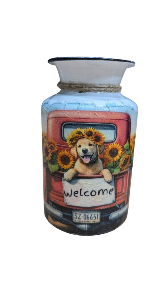 Vintage Truck with a Welcome Sign and Cute Dog Milk Jug Vase