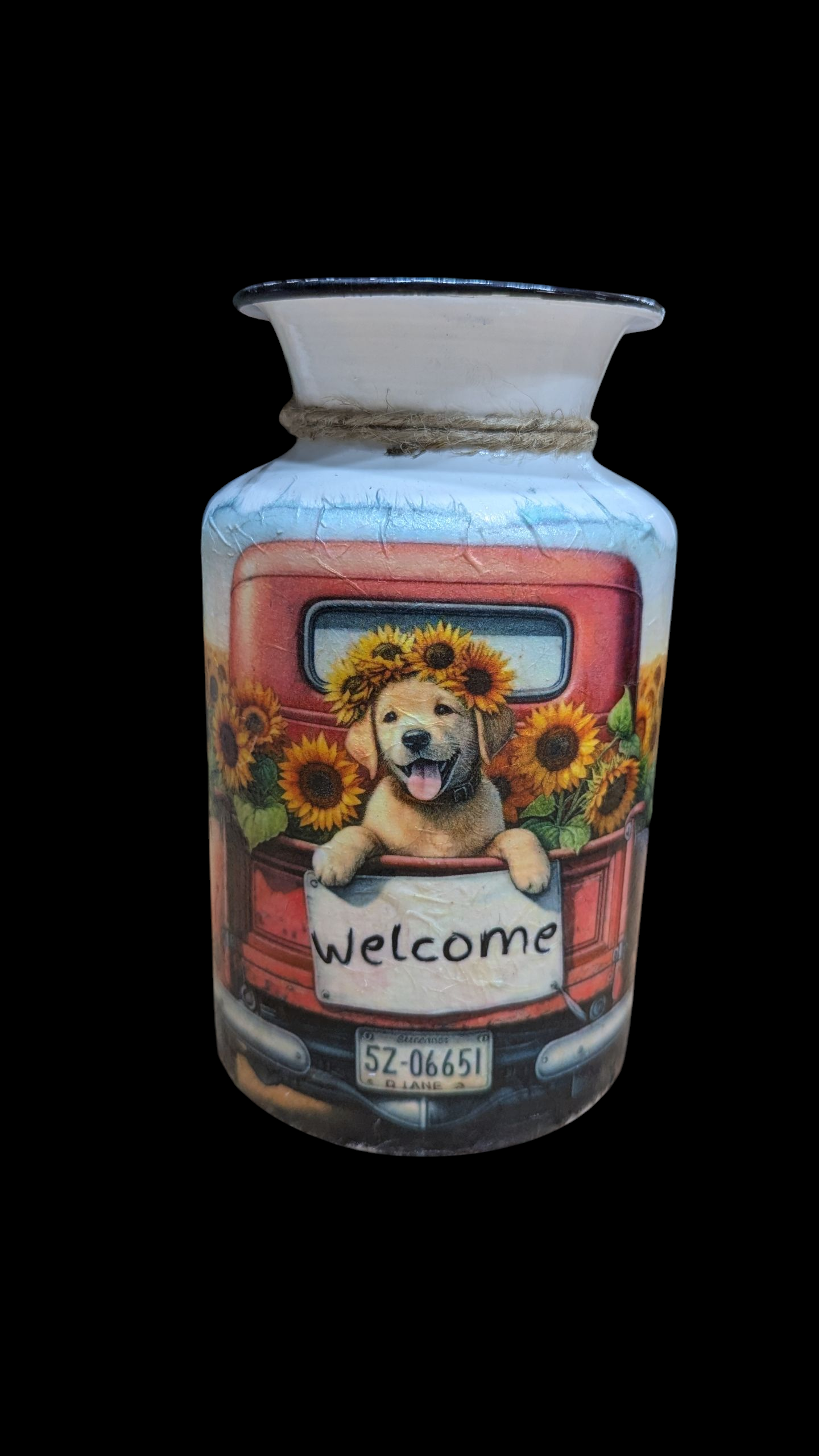 Vintage Truck with a Welcome Sign and Cute Dog Milk Jug Vase