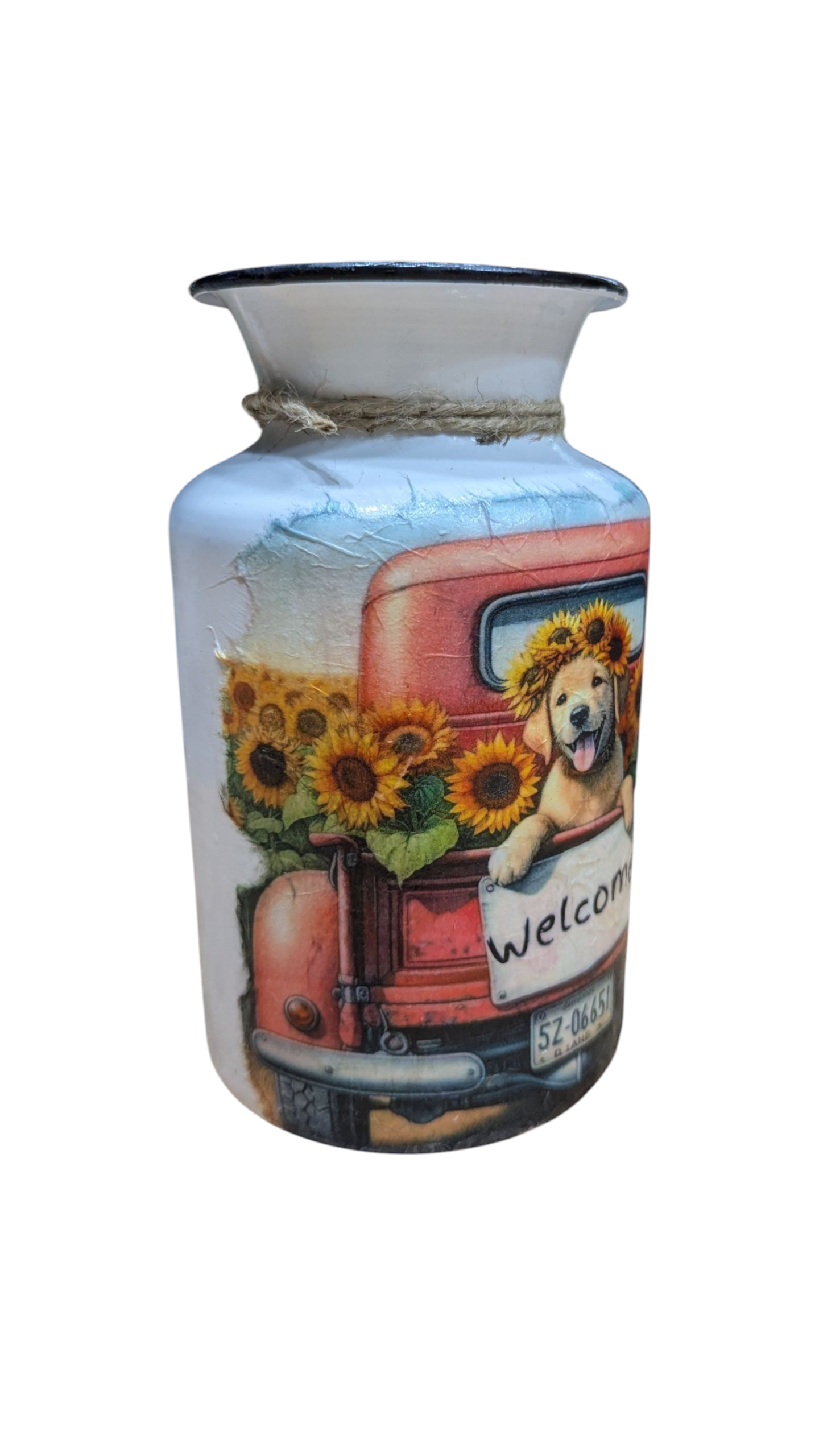 Vintage Truck with a Welcome Sign and Cute Dog Milk Jug Vase