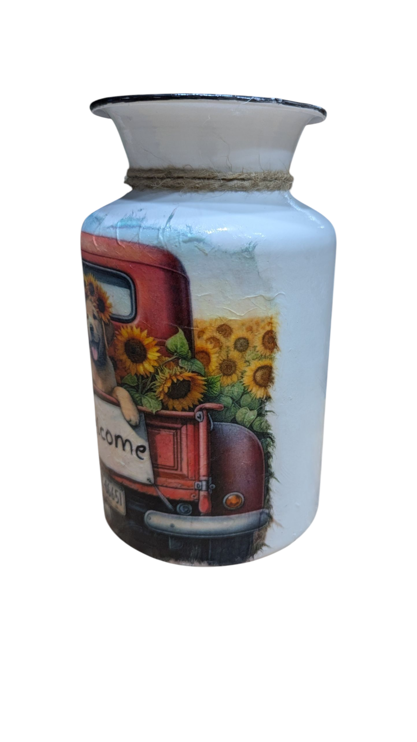 Vintage Truck with a Welcome Sign and Cute Dog Milk Jug Vase