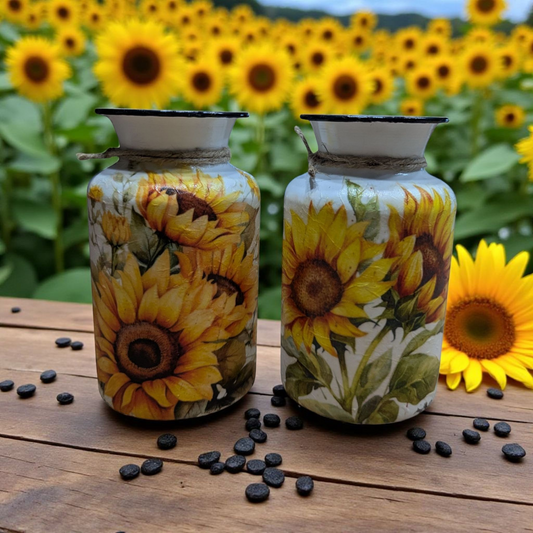 Set of two sunflower milk jug vases