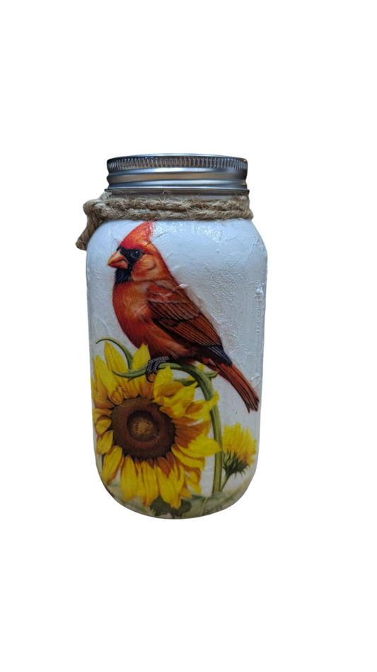 Cardinal with a Sunflower Mason Jar