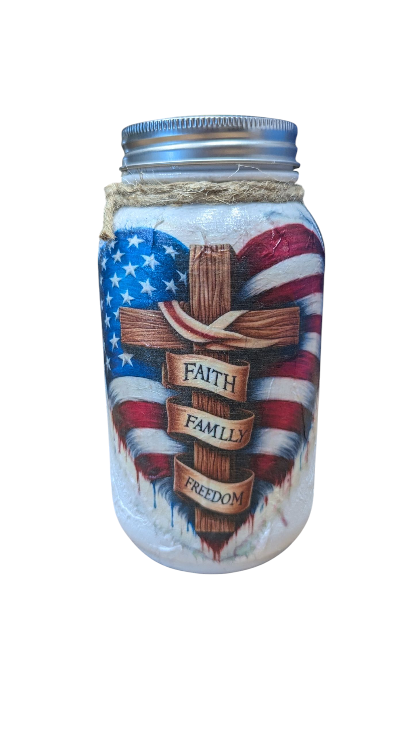 Patriotic Heart Faith Family Freedom Mason Jar and Lid Choice