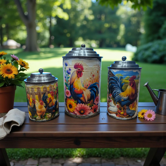 Chicken Decorative Galvanized Metal Canister Set