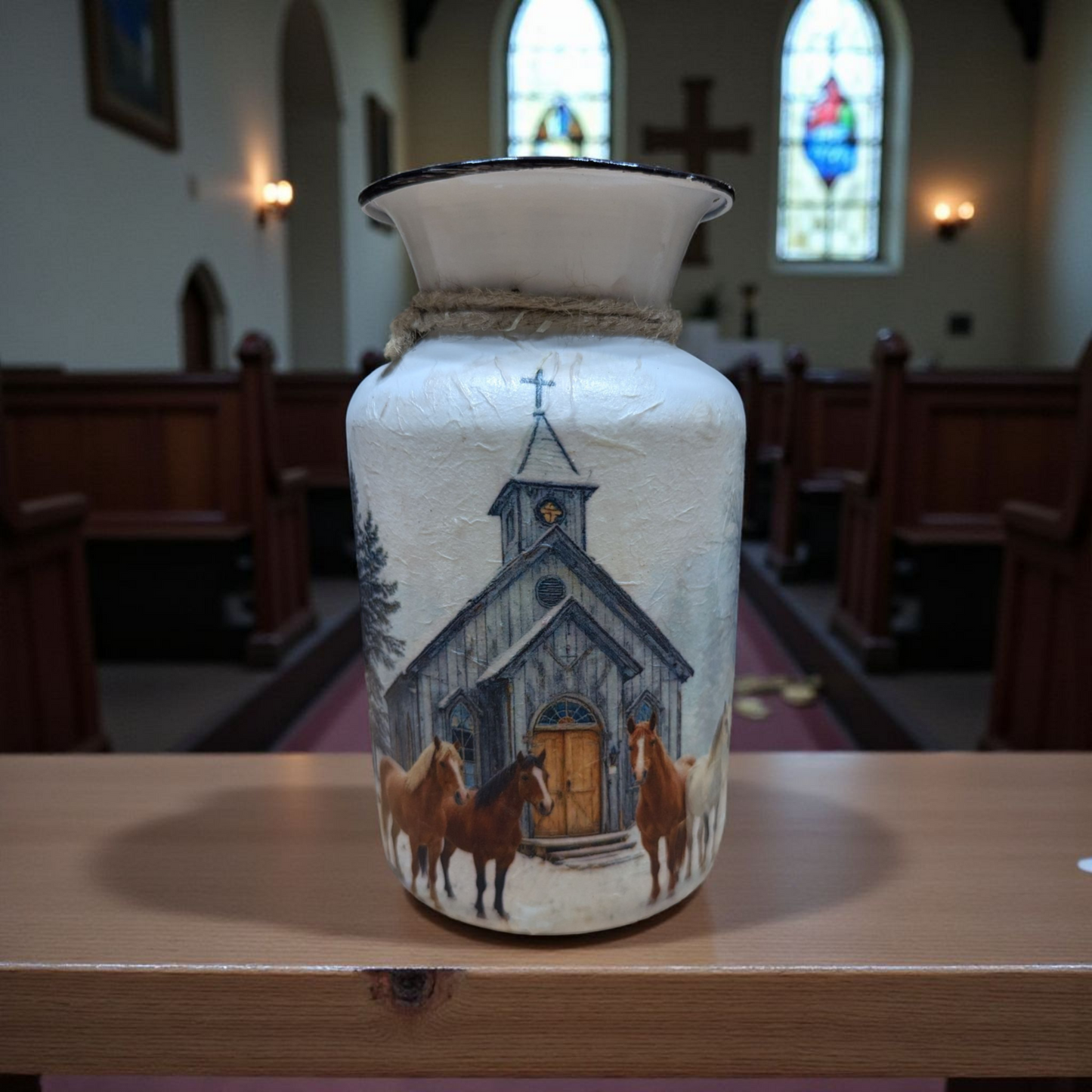 Old Country Church with Horses Milk Jug