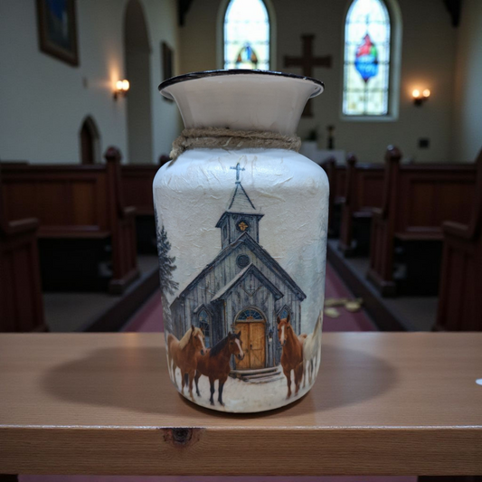 Old Country Church with Horses Milk Jug