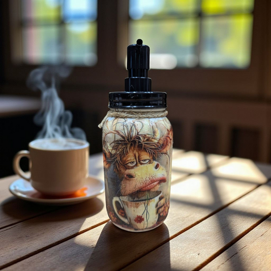 Morning Coffee Cow Mason Jar: syrup pump, tissue dispenser, tip jar, stir stick/straw holder, or canister