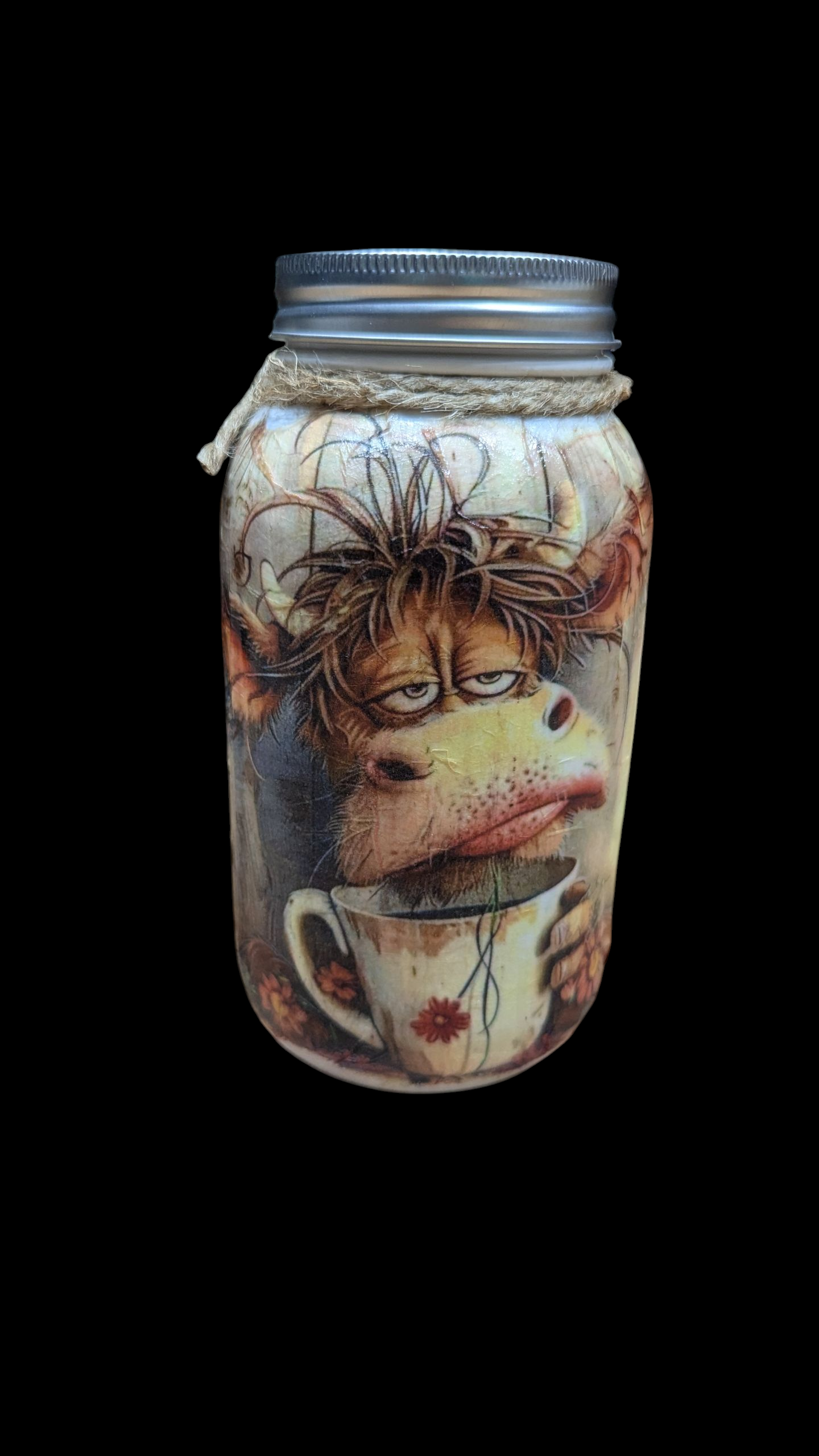 Morning Coffee Cow Mason Jar: syrup pump, tissue dispenser, tip jar, stir stick/straw holder, or canister