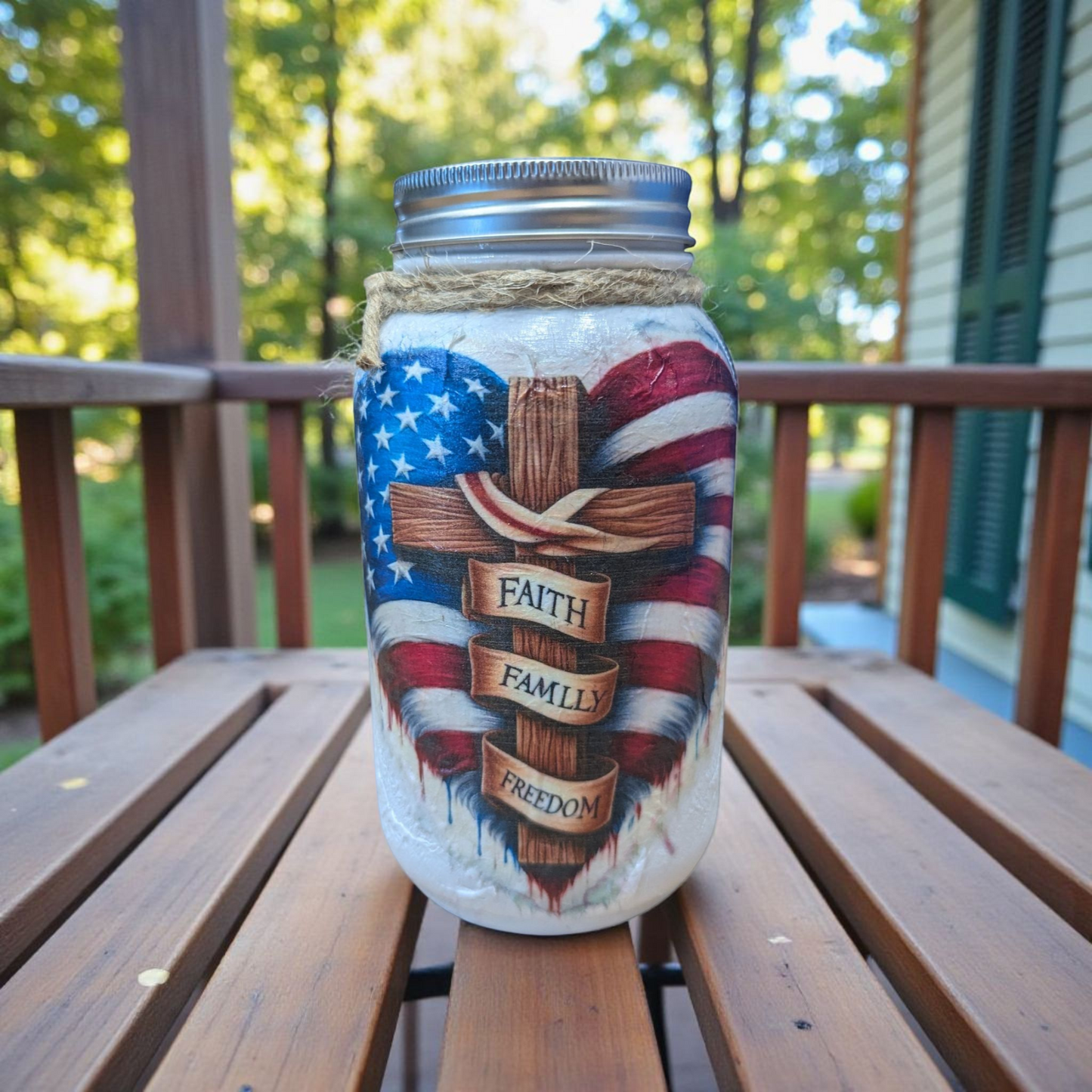 Patriotic Heart Faith Family Freedom Mason Jar and Lid Choice