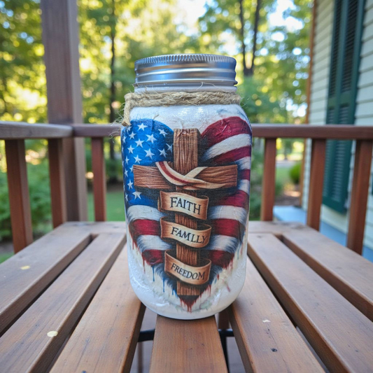 Patriotic Heart Faith Family Freedom Mason Jar and Lid Choice
