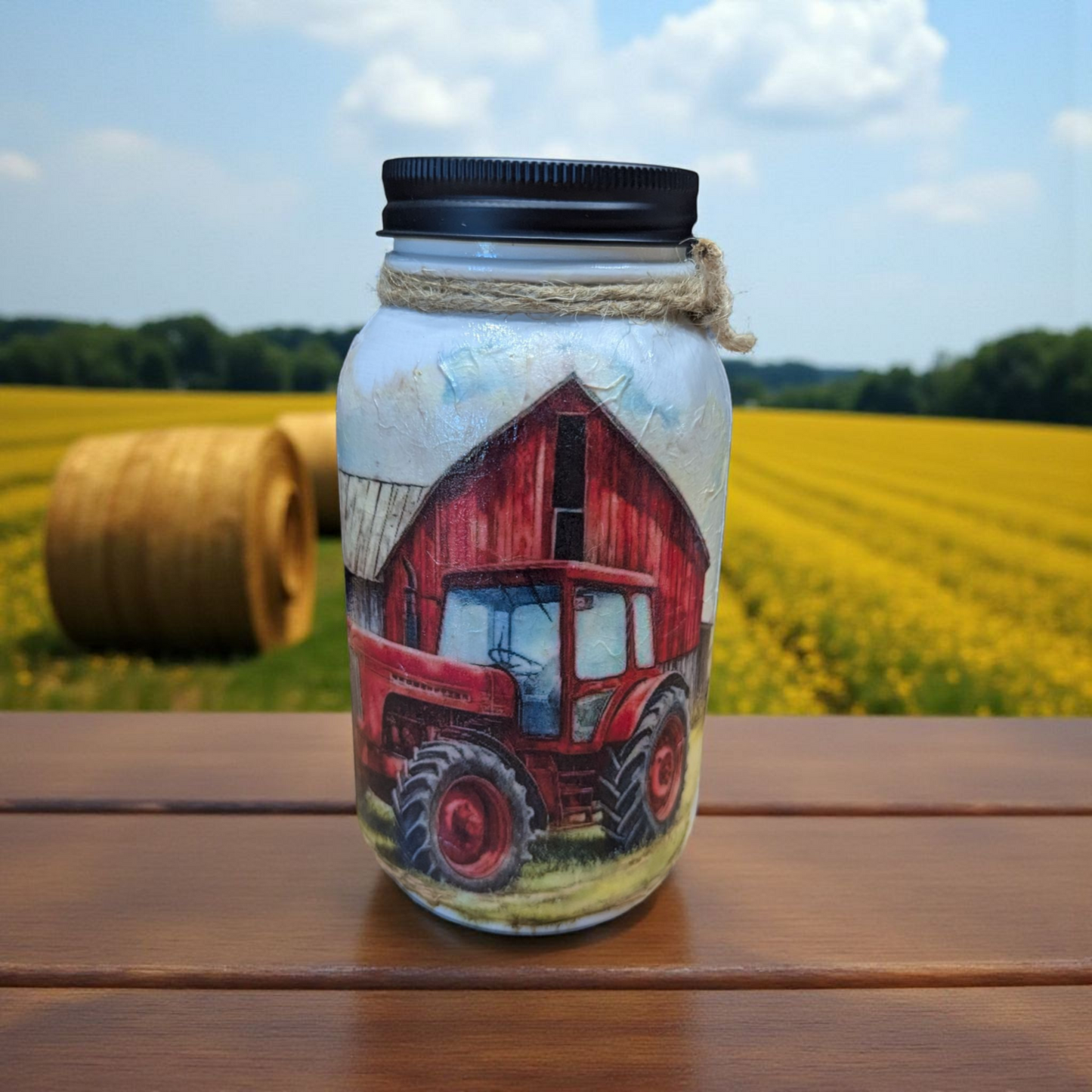Red Tractor and Barn Mason Jar