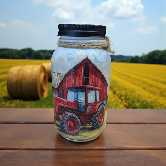 Red Tractor and Barn Mason Jar