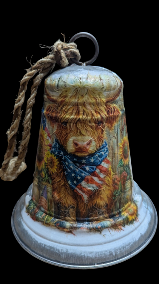 Patriotic Highland Cow Decorative Galvanized Metal Bell