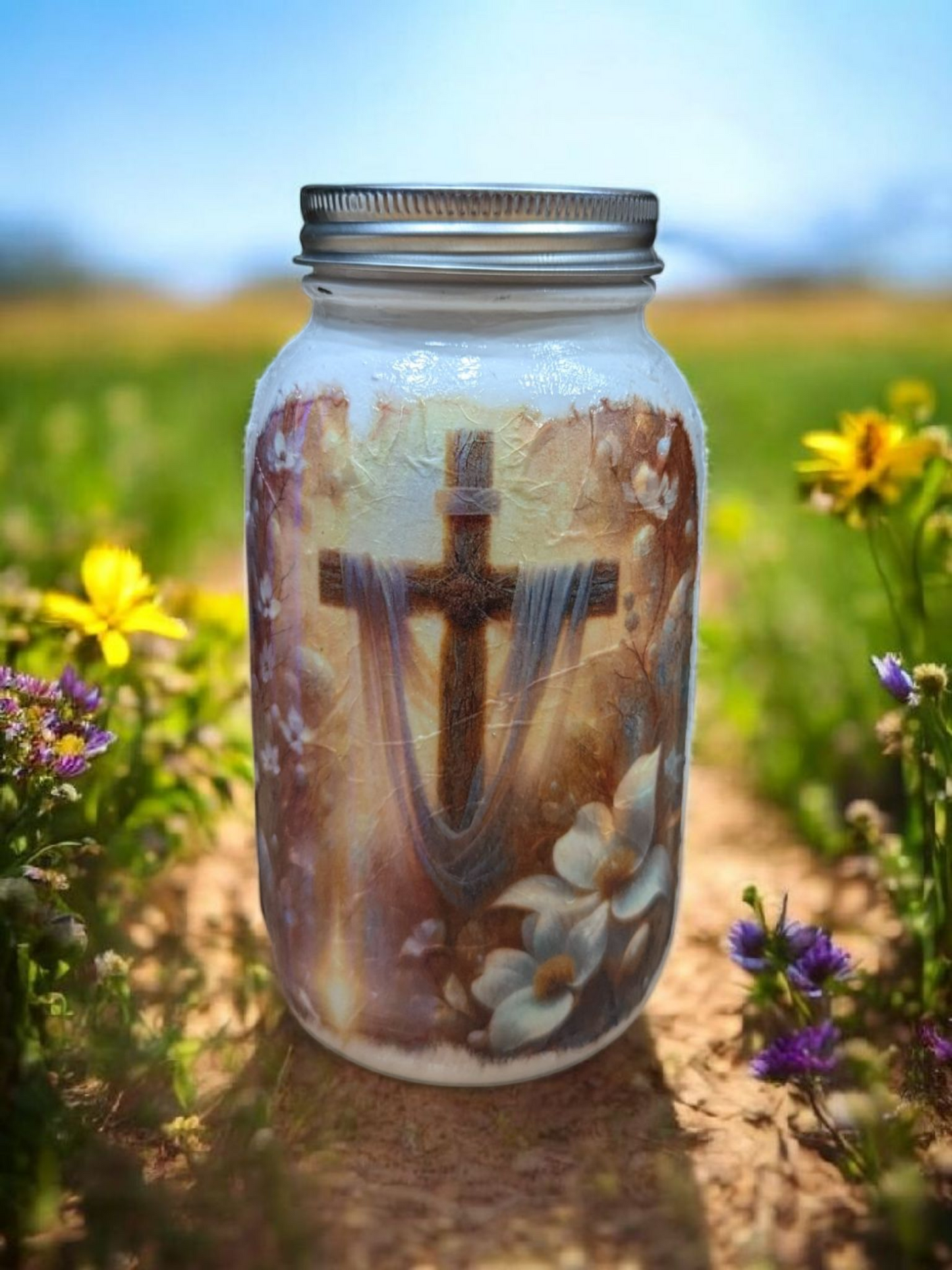 Floral Cross Mason Jar