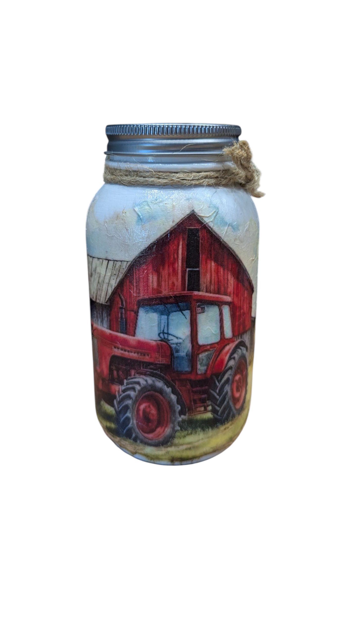 Red Tractor and Barn Mason Jar